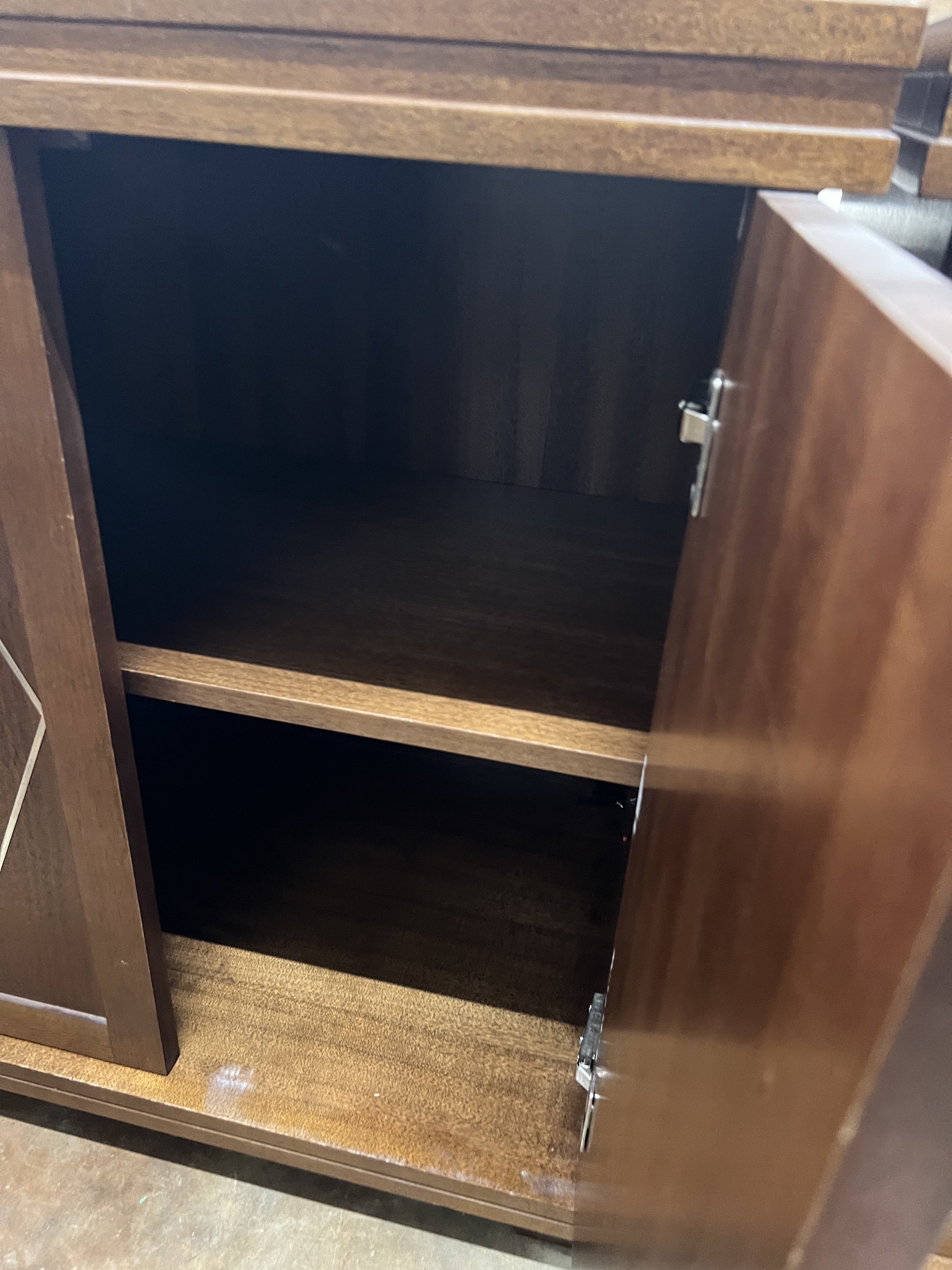 A contemporary South African chrome inlaid mahogany hardwood side cabinet, width 75cm, depth 50cm, height 85cm